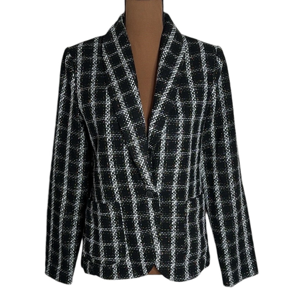 LUSH Tweed White Black Silver Plaid Wool Blend One Button Blazer Size M